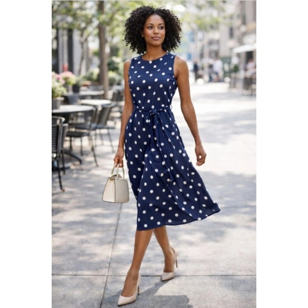 Anne Klein Navy White Polka Dot Sleeveless Midi Dress Belted 14 NEW 0866793-3ZA